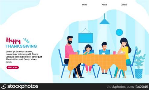Happy Thanksgiving Landing Page Flat Template. Cartoon Family Having Traditional Festive Dinner. Mother, Father, Son and Daughter Celebrating Holiday Together at Home. Vector Illustration. Happy Thanksgiving Landing Page Flat Template