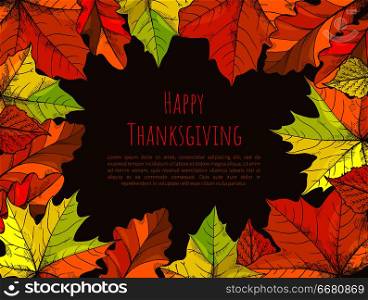 Happy Thanksgiving poster with greeting text and leaves placed on circle vector. Wreath made of foliage and information sample inside. Defoliation set. Happy Thanksgiving Poster with Text Leaves Vector