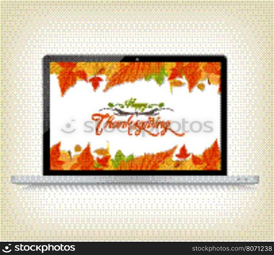 Happy Thanksgiving with laptop maple leaves