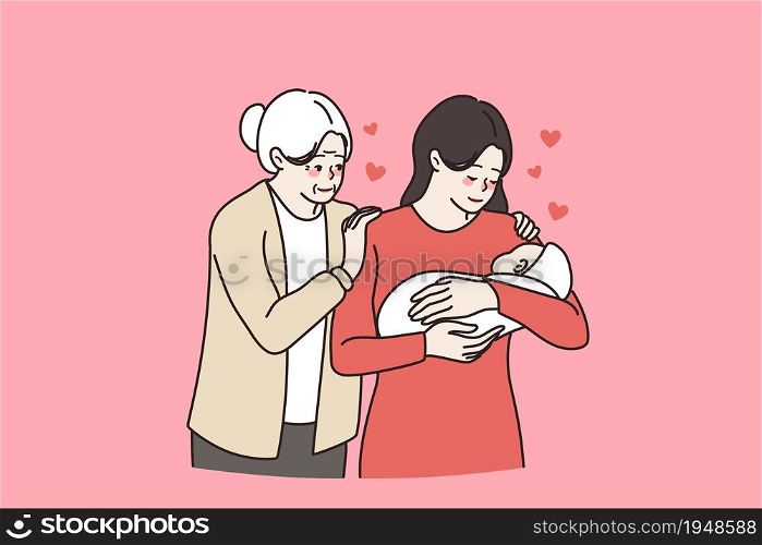 Happy three generations of women, baby child, mother and grandmother, show family unity bonding. Loving woman caress lull little newborn kid, old mom near help. Offspring. Vector illustration.. Happy three generations of women on one picture
