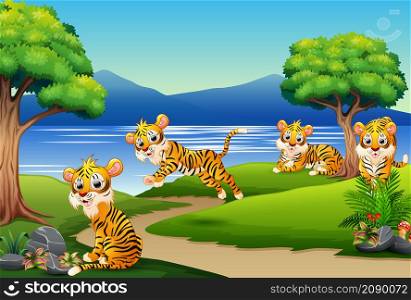 Happy tiger group cartoon on the nature scene