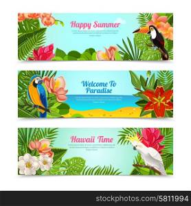 Happy time hawaii islands summer vacation horizontal posters set with tropical plants flowers abstract isolated vector illustration. Tropical island flowers horizontal banners set