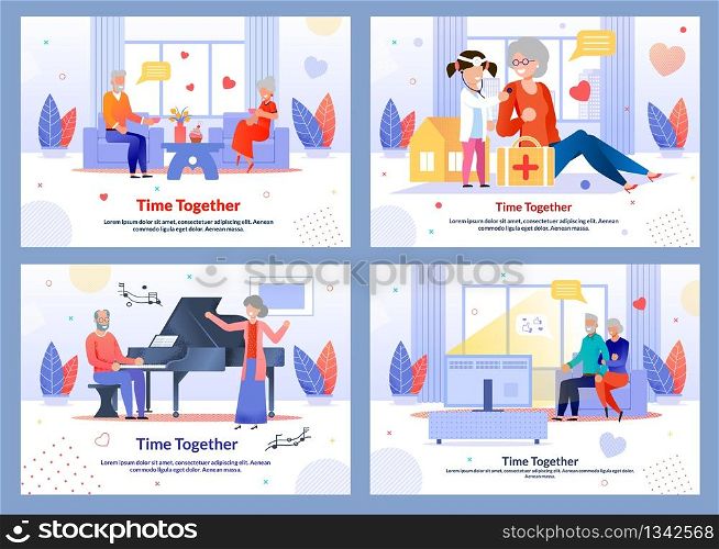 Happy Time Spending. Mature People Characters. Grandparents and Grandchildren. Rest and Relax at Home. Cultural Entertainment. Weekends and Holidays. Flat Banner Set. Vector Cartoon Illustration. Happy Time Spending and Mature People Banner Set