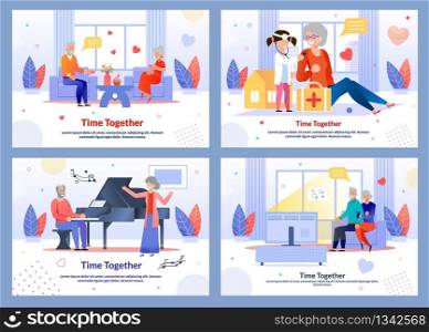 Happy Time Spending. Mature People Characters. Grandparents and Grandchildren. Rest and Relax at Home. Cultural Entertainment. Weekends and Holidays. Flat Banner Set. Vector Cartoon Illustration. Happy Time Spending and Mature People Banner Set