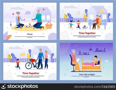 Happy Time Together on Weekends Motivate Banner Set. Picnic, Active Outdoors Recreation, Reading Fairy Tale at Night. Grandfather, Grandmother and Grandchildren Design. Cartoon Vector Illustration. Happy Time Together Weekends Motivate Banner Set
