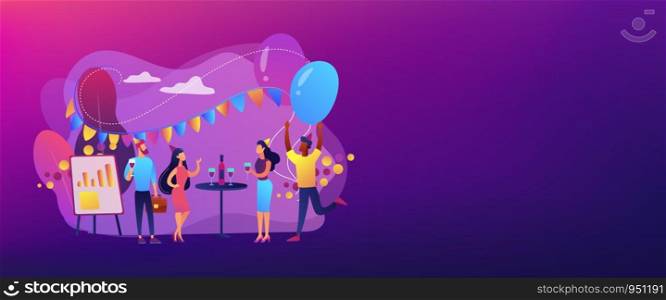 Happy tiny business people dancing, having fun and drinking wine. Corporate party, team building activity, corporate event idea concept. Header or footer banner template with copy space.. Corporate party concept banner header.
