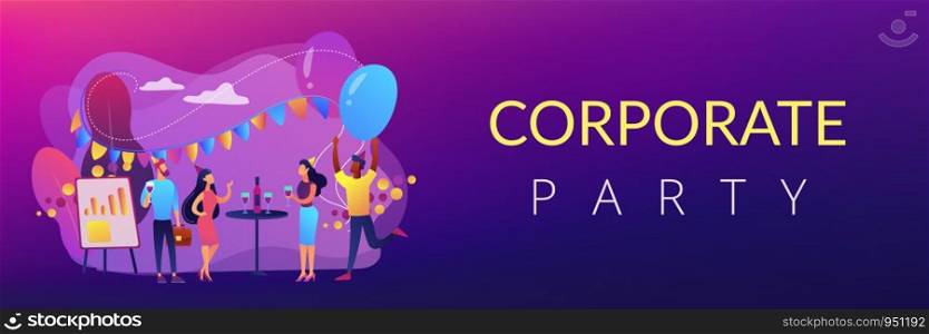 Happy tiny business people dancing, having fun and drinking wine. Corporate party, team building activity, corporate event idea concept. Header or footer banner template with copy space.. Corporate party concept banner header.