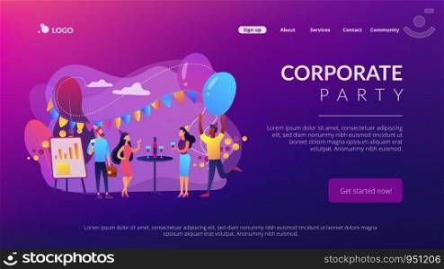 Happy tiny business people dancing, having fun and drinking wine. Corporate party, team building activity, corporate event idea concept. Website vibrant violet landing web page template.. Corporate party concept landing page.