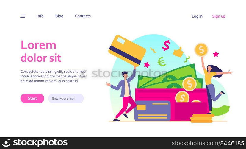 Happy tiny man and woman with big open wallet flat vector illustration. Isolated young guy holding plastic card and girl with coin. Salary, credit balance and budget concept