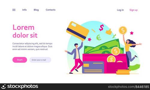 Happy tiny man and woman with big open wallet flat vector illustration. Isolated young guy holding plastic card and girl with coin. Salary, credit balance and budget concept