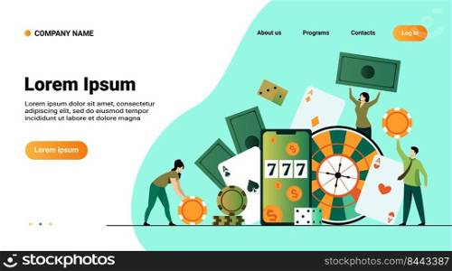 Happy tiny people gambling in online casino isolated flat vector illustration. Cartoon characters playing in roulette, poker, blackjack. Money and risk concept