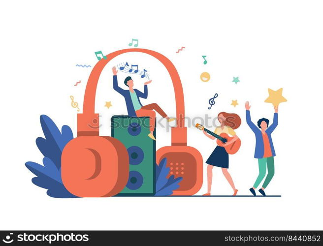 Happy tiny people listening spiritual music near huge headphones flat vector illustration. Young guy holding star and girl playing guitar. Lifestyle and technology concept