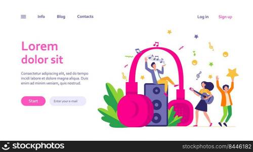 Happy tiny people listening spiritual music near huge headphones flat vector illustration. Young guy holding star and girl playing guitar. Lifestyle and technology concept