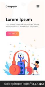 Happy tiny people listening spiritual music near huge headphones flat vector illustration. Young guy holding star and girl playing guitar. Lifestyle and technology concept