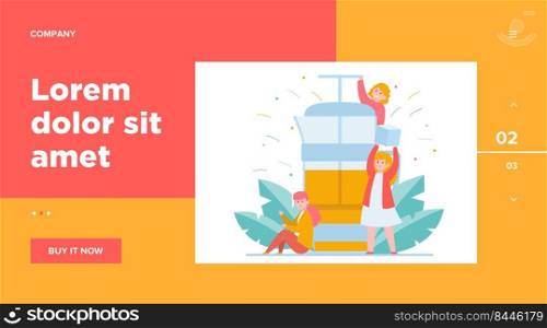 Happy tiny people making coffee in French press. Sugar, morning, aroma flat vector illustration. Hot beverages and coffee break concept for banner, website design or landing web page