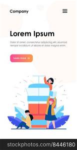 Happy tiny people making coffee in French press. Sugar, morning, aroma flat vector illustration. Hot beverages and coffee break concept for banner, website design or landing web page