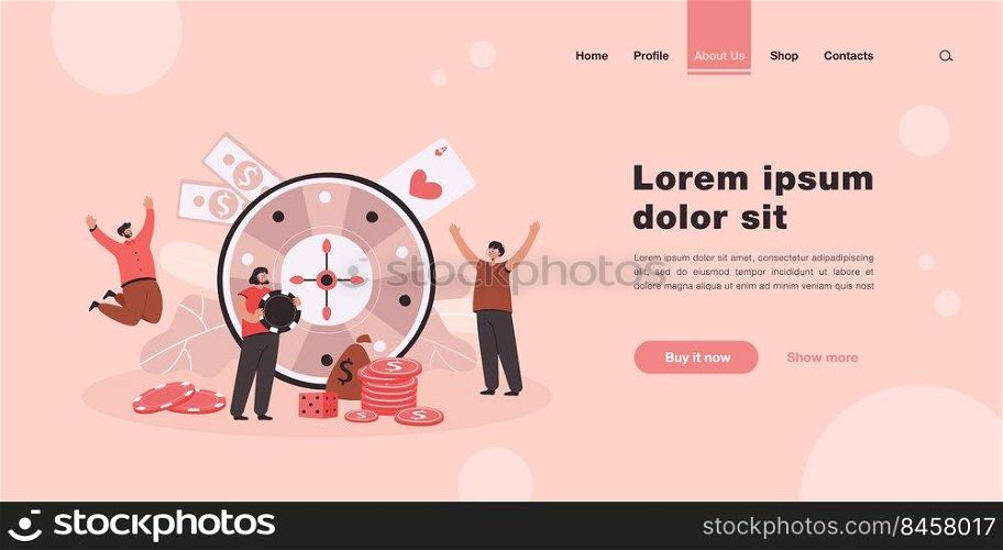 Happy tiny people playing casino roulette flat vector illustration. Cartoon characters winning money in online casino. Gambling business, risk and fortune concept