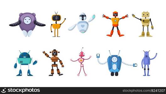 Happy toy robot cartoon characters flat vector illustrations set. Cute old and futuristic bots waving, childish cyborgs or assistants for kids on white background. Childhood, AI, technology concept