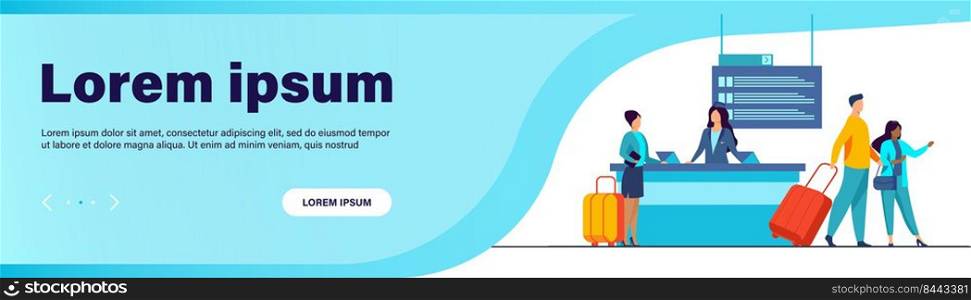 Happy travelers going through flight registration counter. Trip, baggage, luggage flat vector illustration. Travel and vacation concept for banner, website design or landing web page