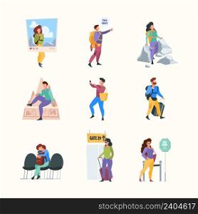 Happy travellers. Active happy outdoor persons friends going to vacation trip travel concept garish vector flat pictures. Adventure character summer with luggage on vacation illustration. Happy travellers. Active happy outdoor persons friends going to vacation trip travel concept garish vector flat pictures