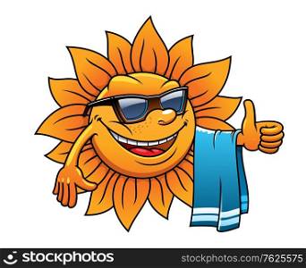 Happy tropical sun on a beach vacation with a towel over its arm, wearing sunglasses and giving a thumbs up of approval, cartoon illustration on white. Happy tropical sun on a beach vacation