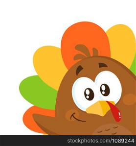 Happy Turkey Bird Cartoon Character Waving From A Corner. Flat Vector Illustration Isolated On White Background