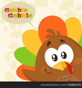Happy Turkey Bird Cartoon Character Waving From A Corner. Vector Illustration Flat Design With Background And Text