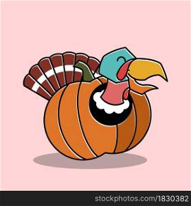 Happy Turkey Bird Rooster Inside Pumpkin Thanksgiving Character Cartoon