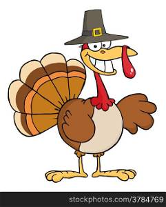 Happy Turkey Cartoon Character With Pilgrim Hat