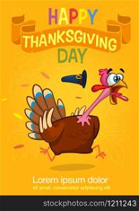 Happy turkey cartoon running isolated on orange background. Vector cartoon poster