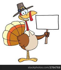 Happy Turkey With Pilgrim Hat Holding A Blank Sign