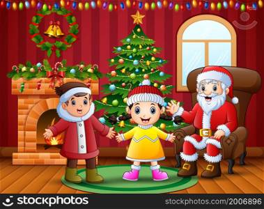 Happy two kids celebration a christmas with santa claus