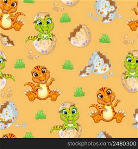 Happy tyrannosaurus cub sitting in egg on nature isolated on orange background. Seamless pattern. Cartoon vector illustration. For print, cards, design, wallpaper,decor,textile, packaging,kids apparel. Seamless pattern tyrannosaurus cub sitting in egg vector
