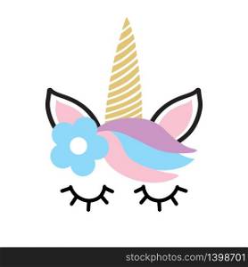 Happy unicorn face in flower wreath vector. Hand drawn style. Birthday decoration, nursery, t shirt, textile,stationery print design. Cute girly theme illustration.. Happy unicorn face vector. Hand drawn style. Birthday decoration theme illustration.