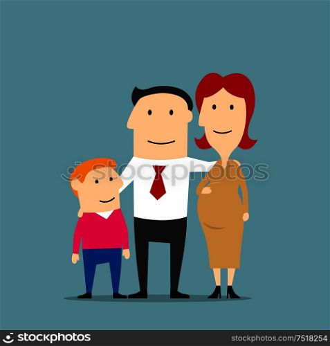 Happy united family expecting a newborn baby. Proud man hugging his pregnant wife and son. Pregnancy and parenting concept design. Cartoon style. Smiling pregnant woman with husband and son