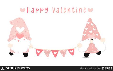 Happy Valentine cute couple two gnomes with heart flag garland, cute cartoon flat vector