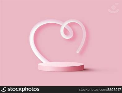 Happy valentine day 3D realistic pink podium platform with pink heart line art isolated background. You can use for product display mockup for lover. Vector illustration