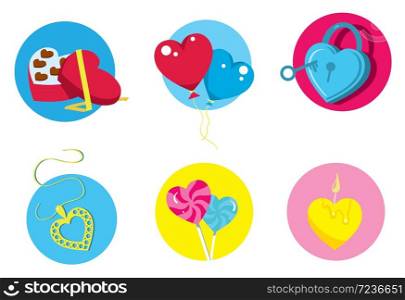 Happy Valentine Day. A set of decorative elements on holiday Valentine. Six different objects in the form of heart. Balloons, Candy, pendants. Valentine Day elements. Romantic symbol.. Valentine day love beautiful