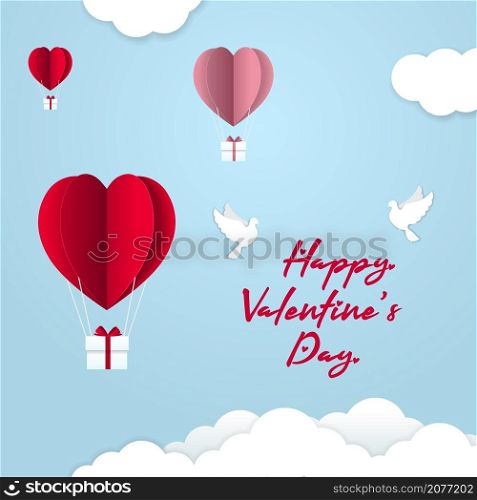 Happy Valentine Day banner, heart shape hot air balloons, gift boxes with ribbon and bow. Blue sky background, clouds, couple white doves, pigeon. Paper cut style valentine greeting card Vector illustration.. Happy Valentine Day banner, heart shape hot air balloons, gift boxes with ribbon and bow. Vector illustration.