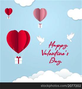 Happy Valentine Day banner, heart shape hot air balloons, gift boxes with ribbon and bow. Blue sky background, clouds, couple white doves, pigeon. Paper cut style valentine greeting card Vector illustration.. Happy Valentine Day banner, heart shape hot air balloons, gift boxes with ribbon and bow. Vector illustration.
