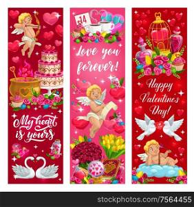 Happy Valentine day banners, doves with love hearts, cupid angels with golden arrows and flowers. Vector Valentine day love message quotes, wedding ring and cakes, romantic gifts and sparkling hearts. Valentine day love hearts, flowers and angels