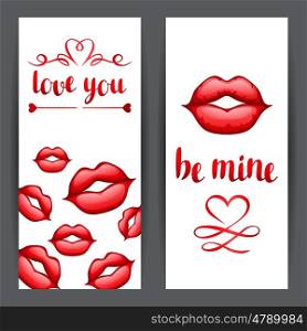 Happy Valentine day banners with red realistic lips. Happy Valentine day banners with red realistic lips.