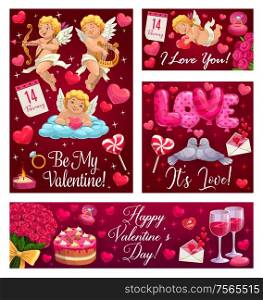 Happy Valentine day, Be My Valentine, I love you calligraphy with heart balloons, angels and red roses. Vector Valentine holiday celebration cupids with golden bow and arrow, wedding cake and ring. Be my Valentine, hearts love balloons and flowers