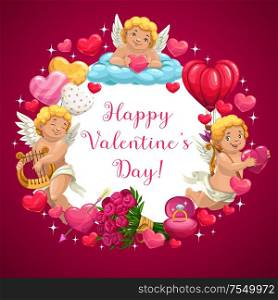 Happy Valentine day calligraphy greeting in angels, hearts and love arrows frame. Vector Valentine hot air balloon, pink roses bouquet and cupid with wedding ring, playing golden harp on cloud. Valentine day hearts, love message and flowers