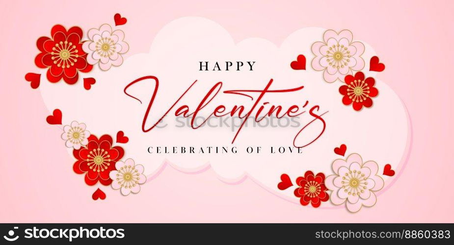 happy valentine day celebrating of love lettering font greeting card with hearts shape vector and clouds frame, applicable for website banner, poster sign ads, printable paper greeting card and gift