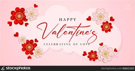 happy valentine day celebrating of love lettering font greeting card with hearts shape vector and clouds frame, applicable for website banner, poster sign ads, printable paper greeting card and gift