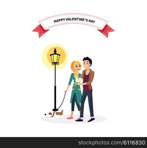 Happy valentine day couple walk with dog. Man woman couple with dog, valentines day, couple in love, happy valentine, happy couple, young couple, love people, romantic couple with pet illustration