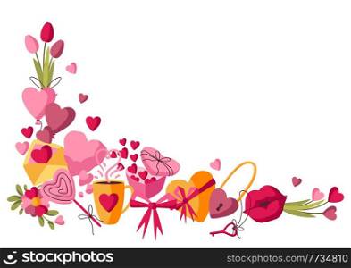 Happy Valentine Day decoration. Holiday background with romantic items and love symbols.. Happy Valentine Day decoration. Holiday background with romantic and love symbols.