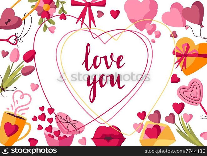 Happy Valentine Day frame. Holiday background with romantic items and love symbols.. Happy Valentine Day frame. Holiday background with romantic and love symbols.