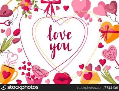 Happy Valentine Day frame. Holiday background with romantic items and love symbols.. Happy Valentine Day frame. Holiday background with romantic and love symbols.